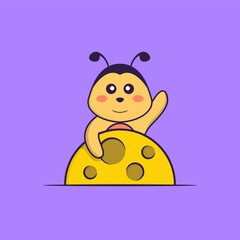 Cute bee is on the moon. Animal cartoon concept isolated. Can used for t-shirt, greeting card, invitation card or mascot. Flat Cartoon Style