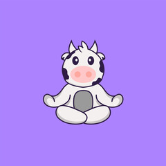 Cute cow is meditating or doing yoga. Animal cartoon concept isolated. Can used for t-shirt, greeting card, invitation card or mascot. Flat Cartoon Style