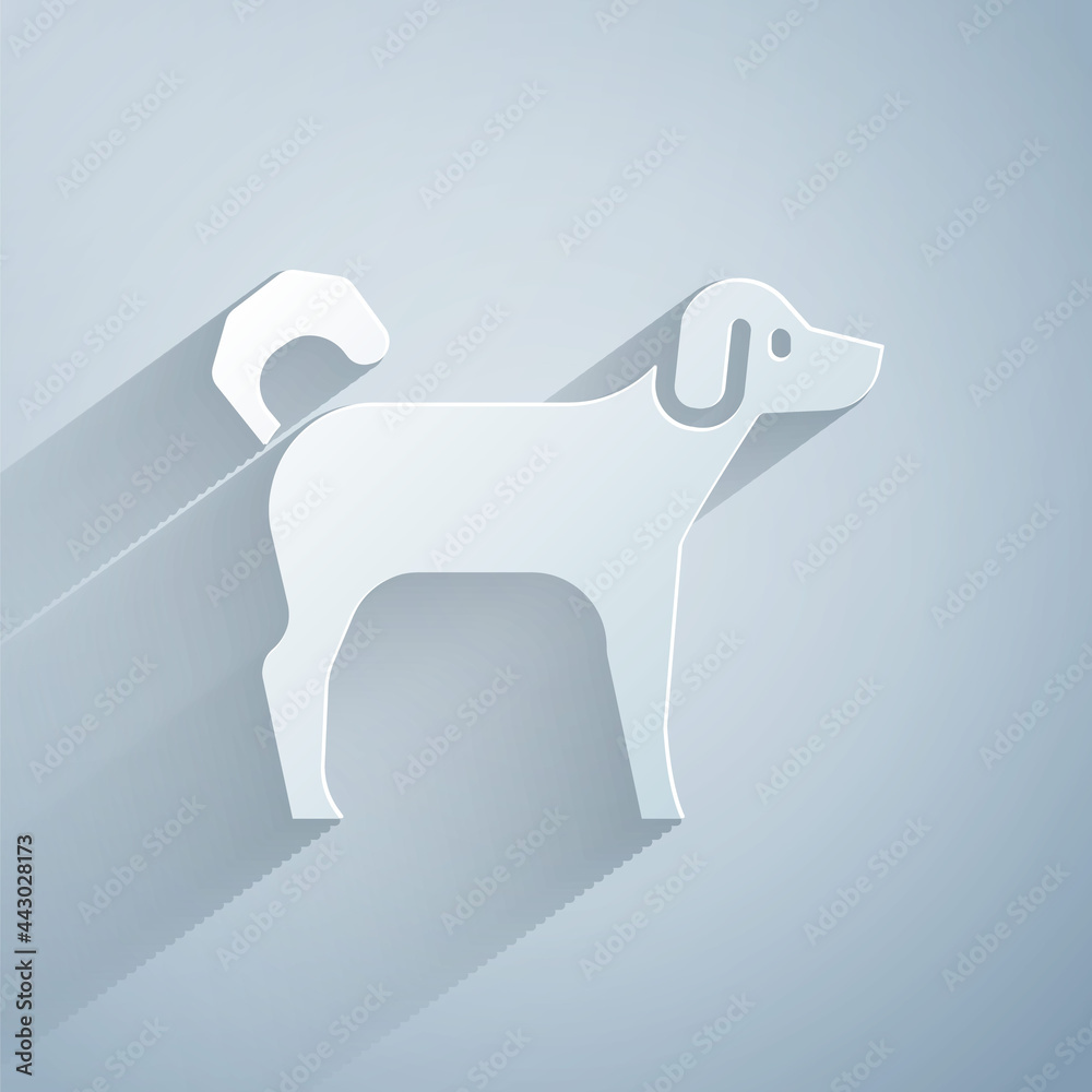 Poster Paper cut Dog icon isolated on grey background. Paper art style. Vector