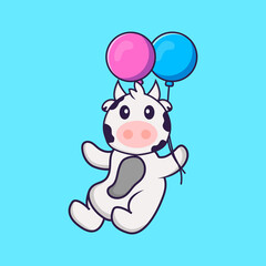 Cute cow flying with two balloons. Animal cartoon concept isolated. Can used for t-shirt, greeting card, invitation card or mascot. Flat Cartoon Style