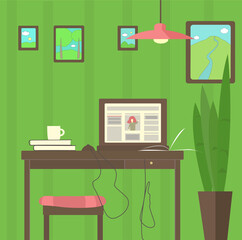 Cozy home working room with computer table,some books and notebook on it, chair and indoor plant.Flat vector illustration. Distance work/education theme.