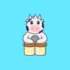 Cute cow is playing drums. Animal cartoon concept isolated. Can used for t-shirt, greeting card, invitation card or mascot. Flat Cartoon Style