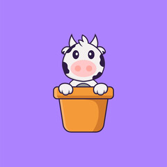 Cute cow in a flower vase. Animal cartoon concept isolated. Can used for t-shirt, greeting card, invitation card or mascot. Flat Cartoon Style