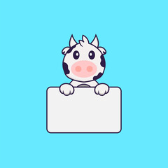 Cute cow holding whiteboard. Animal cartoon concept isolated. Can used for t-shirt, greeting card, invitation card or mascot. Flat Cartoon Style