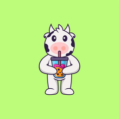 Cute cow Drinking Boba milk tea. Animal cartoon concept isolated. Can used for t-shirt, greeting card, invitation card or mascot. Flat Cartoon Style