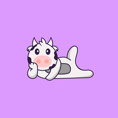 Cute cow lying down. Animal cartoon concept isolated. Can used for t-shirt, greeting card, invitation card or mascot. Flat Cartoon Style