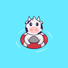Cute cow is Swimming with a buoy. Animal cartoon concept isolated. Can used for t-shirt, greeting card, invitation card or mascot. Flat Cartoon Style