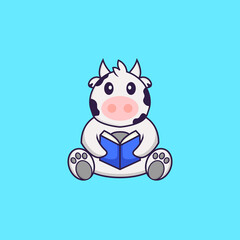 Cute cow reading a book. Animal cartoon concept isolated. Can used for t-shirt, greeting card, invitation card or mascot. Flat Cartoon Style
