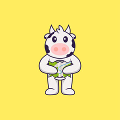 Cute cow holding a map. Animal cartoon concept isolated. Can used for t-shirt, greeting card, invitation card or mascot. Flat Cartoon Style