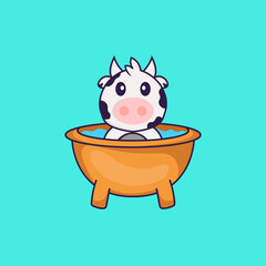 Cute cow taking a bath in the bathtub. Animal cartoon concept isolated. Can used for t-shirt, greeting card, invitation card or mascot. Flat Cartoon Style