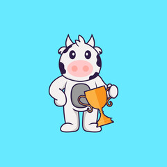 Cute cow holding gold trophy. Animal cartoon concept isolated. Can used for t-shirt, greeting card, invitation card or mascot. Flat Cartoon Style
