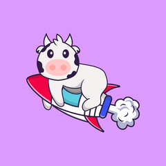 Cute cow flying on rocket. Animal cartoon concept isolated. Can used for t-shirt, greeting card, invitation card or mascot. Flat Cartoon Style
