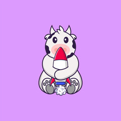 Cute cow holding a rocket. Animal cartoon concept isolated. Can used for t-shirt, greeting card, invitation card or mascot. Flat Cartoon Style
