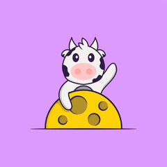 Cute cow is on the moon. Animal cartoon concept isolated. Can used for t-shirt, greeting card, invitation card or mascot. Flat Cartoon Style
