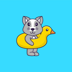 Cute rat With Duck buoy. Animal cartoon concept isolated. Can used for t-shirt, greeting card, invitation card or mascot. Flat Cartoon Style