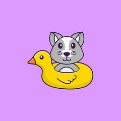 Cute rat With Duck buoy. Animal cartoon concept isolated. Can used for t-shirt, greeting card, invitation card or mascot. Flat Cartoon Style