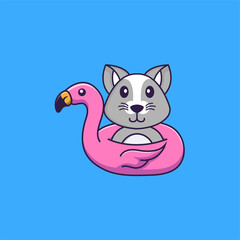 Cute rat With flamingo buoy. Animal cartoon concept isolated. Can used for t-shirt, greeting card, invitation card or mascot. Flat Cartoon Style