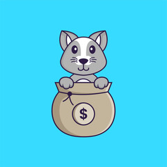 Cute rat playing in money bag. Animal cartoon concept isolated. Can used for t-shirt, greeting card, invitation card or mascot. Flat Cartoon Style