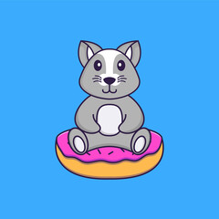 Cute rat is sitting on donuts. Animal cartoon concept isolated. Can used for t-shirt, greeting card, invitation card or mascot. Flat Cartoon Style