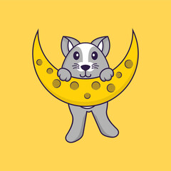 Cute rat is on the moon. Animal cartoon concept isolated. Can used for t-shirt, greeting card, invitation card or mascot. Flat Cartoon Style
