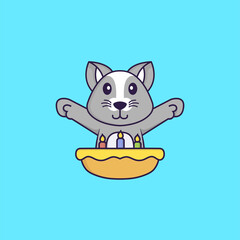 Cute rat with birthday cake. Animal cartoon concept isolated. Can used for t-shirt, greeting card, invitation card or mascot. Flat Cartoon Style