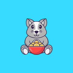 Cute rat eating ramen noodles. Animal cartoon concept isolated. Can used for t-shirt, greeting card, invitation card or mascot. Flat Cartoon Style