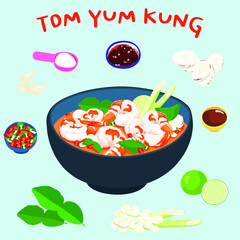 Tom yum kung and ingredients vector illustration.