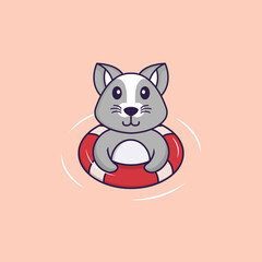 Cute rat is Swimming with a buoy. Animal cartoon concept isolated. Can used for t-shirt, greeting card, invitation card or mascot. Flat Cartoon Style