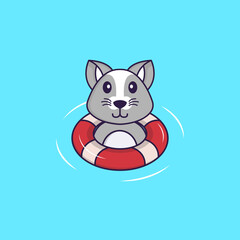 Cute rat is Swimming with a buoy. Animal cartoon concept isolated. Can used for t-shirt, greeting card, invitation card or mascot. Flat Cartoon Style