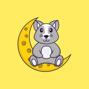 Cute rat is sitting on the moon. Animal cartoon concept isolated. Can used for t-shirt, greeting card, invitation card or mascot. Flat Cartoon Style