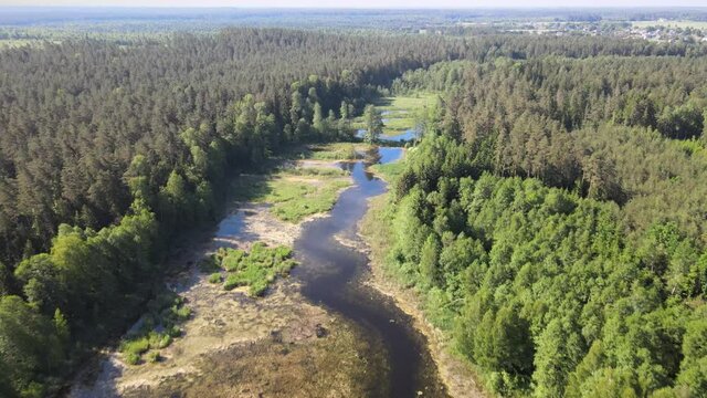 Top view of a lake in the forest with a small island,green trees around and in the midle of the lake water with reflecting sun rays