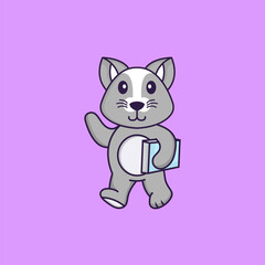 Cute rat holding a book. Animal cartoon concept isolated. Can used for t-shirt, greeting card, invitation card or mascot. Flat Cartoon Style