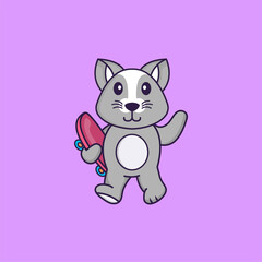 Cute rat holding a skateboard. Animal cartoon concept isolated. Can used for t-shirt, greeting card, invitation card or mascot. Flat Cartoon Style