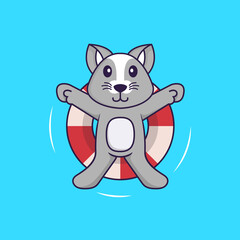 Cute rat is Swimming with a buoy. Animal cartoon concept isolated. Can used for t-shirt, greeting card, invitation card or mascot. Flat Cartoon Style