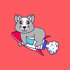 Cute rat flying on rocket. Animal cartoon concept isolated. Can used for t-shirt, greeting card, invitation card or mascot. Flat Cartoon Style