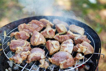 grilled pork skewers with smoke outdoors