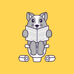 Cute rat Pooping On Toilet and read newspaper. Animal cartoon concept isolated. Can used for t-shirt, greeting card, invitation card or mascot. Flat Cartoon Style