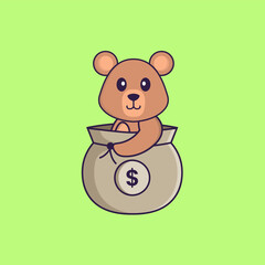 Cute rat in a money bag. Animal cartoon concept isolated. Can used for t-shirt, greeting card, invitation card or mascot. Flat Cartoon Style