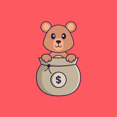 Cute rat playing in money bag. Animal cartoon concept isolated. Can used for t-shirt, greeting card, invitation card or mascot. Flat Cartoon Style