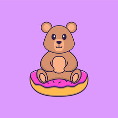 Cute rat is sitting on donuts. Animal cartoon concept isolated. Can used for t-shirt, greeting card, invitation card or mascot. Flat Cartoon Style
