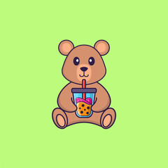 Cute rat Drinking Boba milk tea. Animal cartoon concept isolated. Can used for t-shirt, greeting card, invitation card or mascot. Flat Cartoon Style