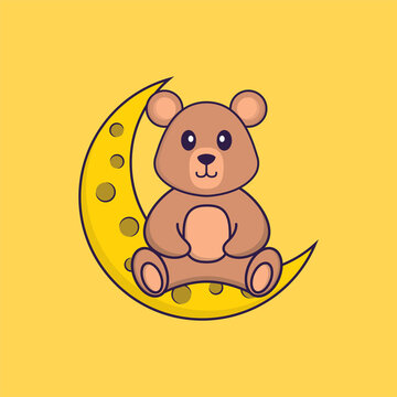 Cute rat is sitting on the moon. Animal cartoon concept isolated. Can used for t-shirt, greeting card, invitation card or mascot. Flat Cartoon Style