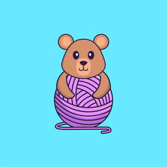 Cute rat playing with wool yarn. Animal cartoon concept isolated. Can used for t-shirt, greeting card, invitation card or mascot. Flat Cartoon Style