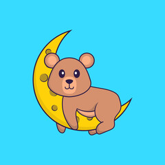 Cute rat is on the moon. Animal cartoon concept isolated. Can used for t-shirt, greeting card, invitation card or mascot. Flat Cartoon Style