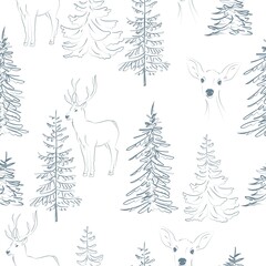 Elegant outline drawing of pine tree seamless pattern. Vector illustration.