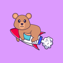 Cute rat flying on rocket. Animal cartoon concept isolated. Can used for t-shirt, greeting card, invitation card or mascot. Flat Cartoon Style