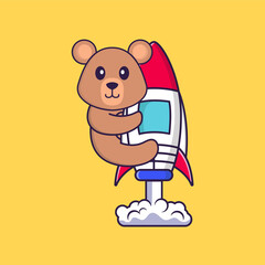 Cute rat flying on rocket. Animal cartoon concept isolated. Can used for t-shirt, greeting card, invitation card or mascot. Flat Cartoon Style