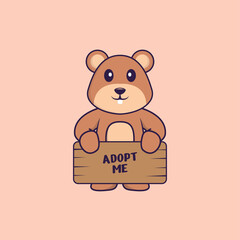 Cute squirrel holding a poster Adopt me. Animal cartoon concept isolated. Can used for t-shirt, greeting card, invitation card or mascot. Flat Cartoon Style