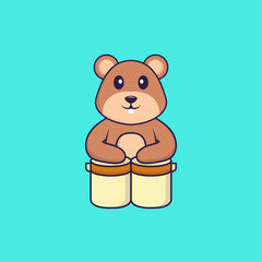 Cute squirrel is playing drums. Animal cartoon concept isolated. Can used for t-shirt, greeting card, invitation card or mascot. Flat Cartoon Style