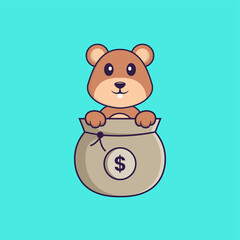 Cute squirrel playing in money bag. Animal cartoon concept isolated. Can used for t-shirt, greeting card, invitation card or mascot. Flat Cartoon Style